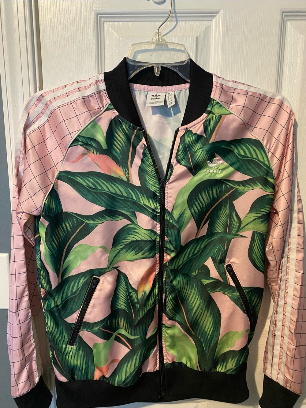 adidas Pink Bomber Jacket with Green Tropical Leaf Print